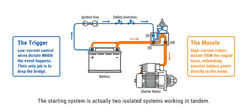Wiring diagram of a starter solenoid showing connections from the battery to the B terminal, ignition to the S terminal, and solenoid to the M terminal.