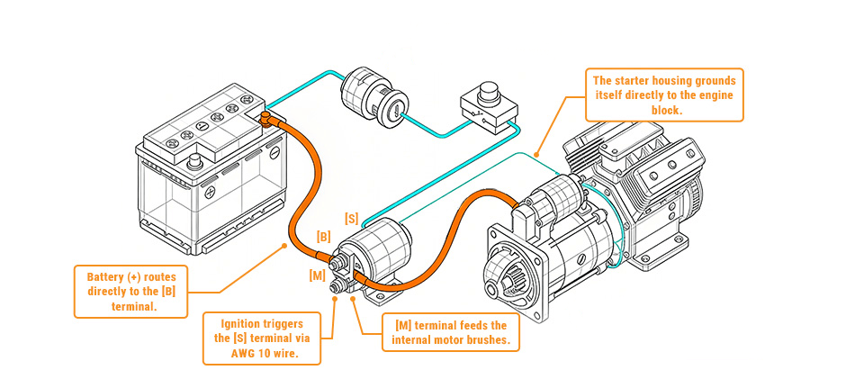 Wiring diagram of a starter solenoid showing connections from the battery to the B terminal, ignition to the S terminal, and solenoid to the M terminal.