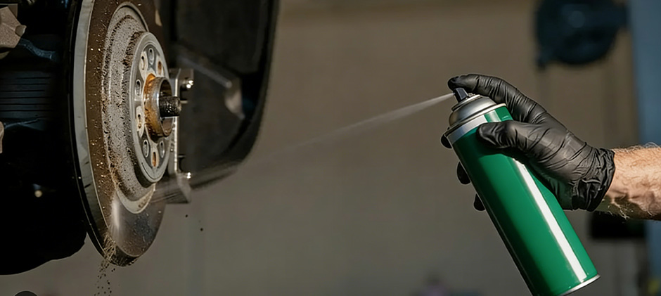 A mechanic wearing black gloves correctly uses brake cleaner to spray and clean a dirty brake rotor assembly.