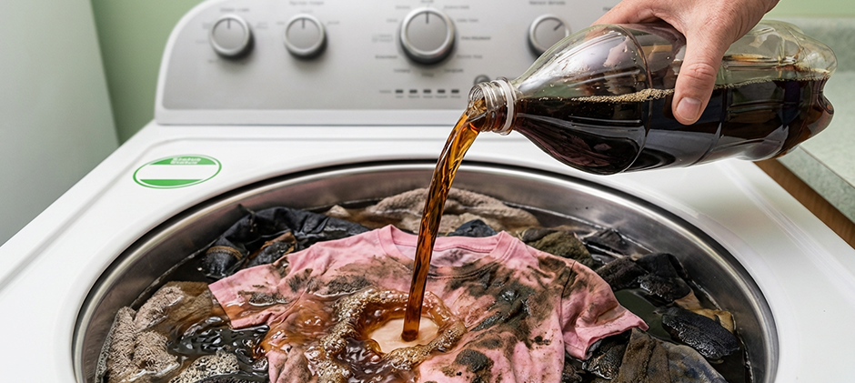 Pouring a bottle of Coca-Cola into a top-load washing machine filled with greasy clothes to remove diesel stains and odor.