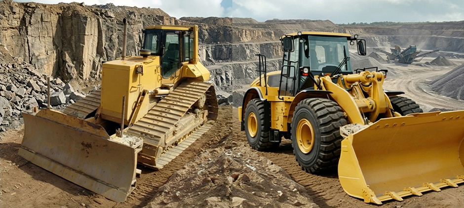 A yellow bulldozer and a yellow front-end loader parked next to each other in a gravel quarry.