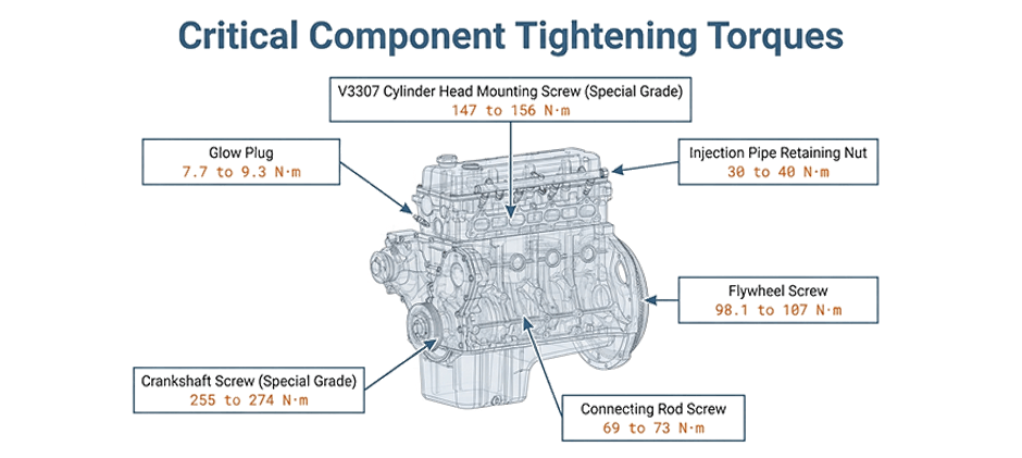 An engine diagram of the Kubota V3307 showing the specific tightening torque values for critical fasteners, including the cylinder head, crankshaft, and flywheel screws.