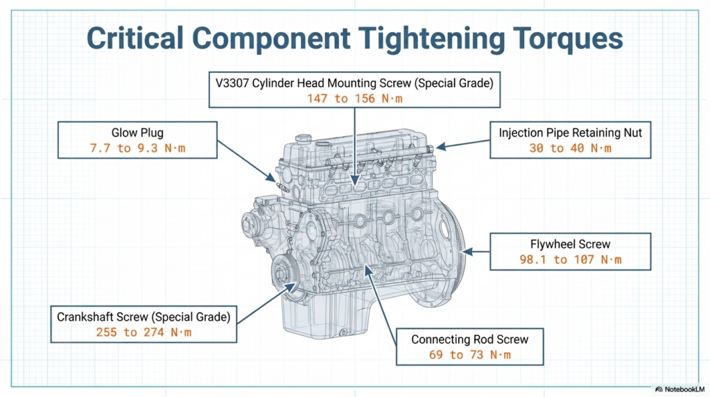 An engine diagram of the Kubota V3307 with callouts indicating the critical tightening torque specifications for key components, including cylinder head screws, connecting rods, and the flywheel.