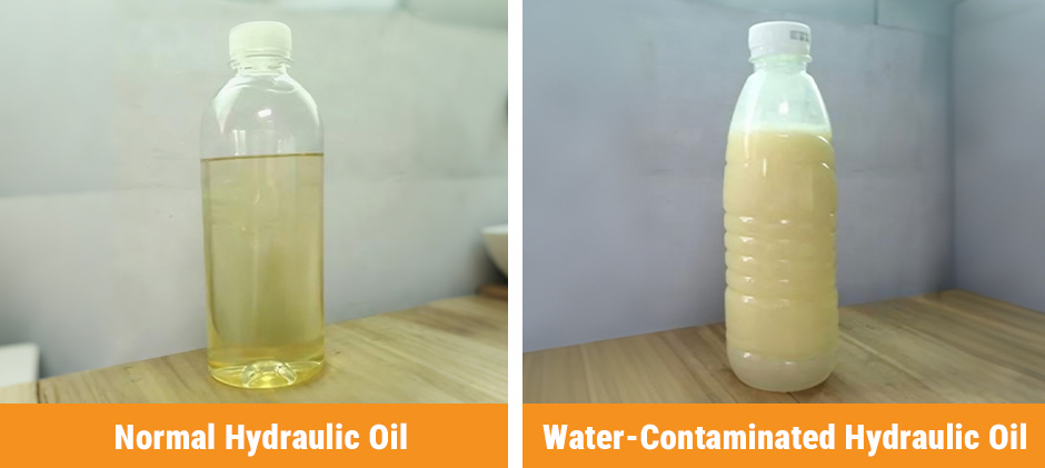 A side-by-side comparison showing a bottle of clear, normal hydraulic oil next to a bottle of milky, water-contaminated hydraulic oil.