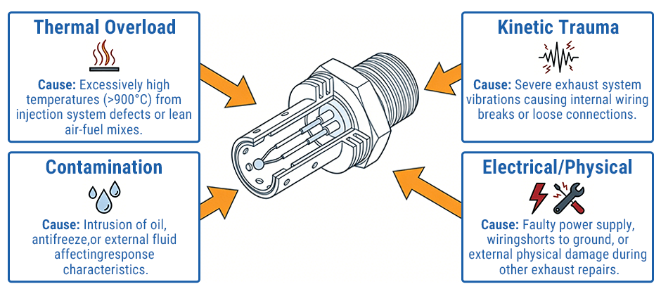 Infographic detailing four primary causes of EGT sensor failure: thermal overload, kinetic trauma from vibration, fluid contamination, and electrical or physical damage.
