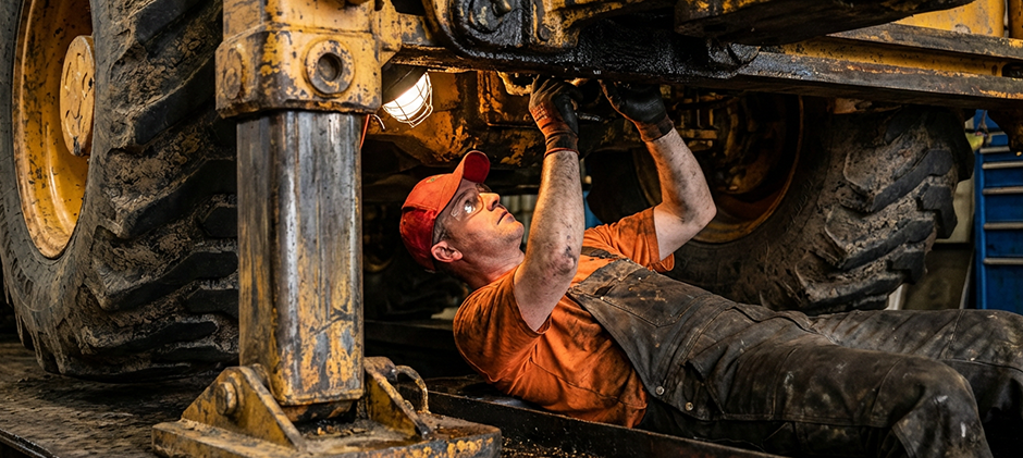 A mechanic in dirty overalls lies on his back working underneath a large piece of yellow heavy equipment.