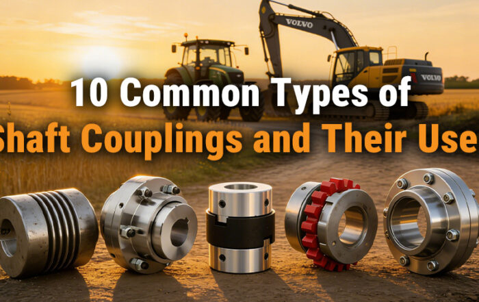 A collection of common shaft couplings for heavy machinery, with an excavator and a tractor in a field at sunset, representing their use in off-road and agricultural equipment.
