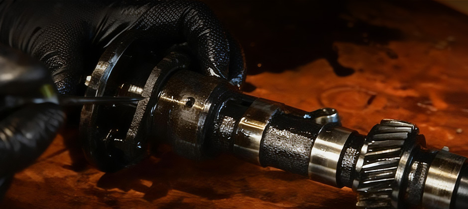 A mechanic in black gloves uses a pick tool to inspect an oil passage on a dirty cam shaft.