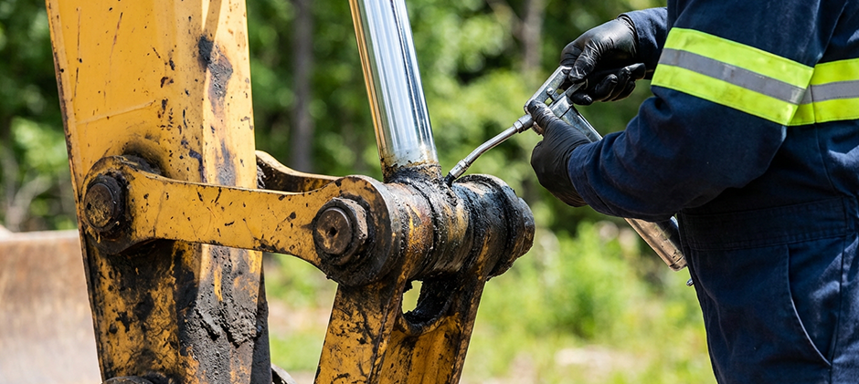A technician wearing gloves uses a grease gun to apply fresh lubricant to an excavator's pivot joint.