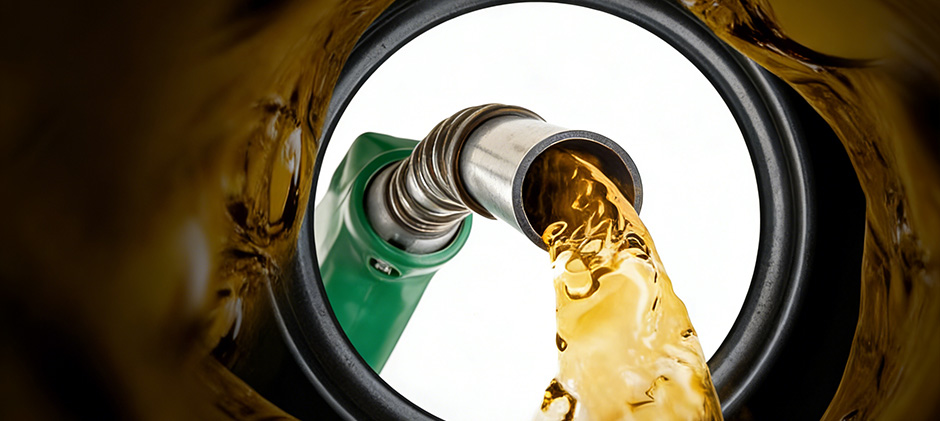 View from inside a fuel tank as a green diesel nozzle pours clean fuel, emphasizing the importance of a clean fuel source for heavy equipment.