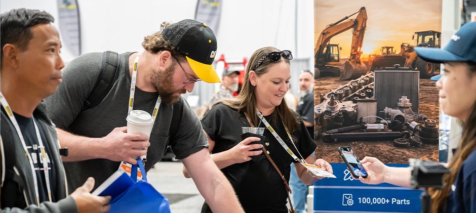 visitors reviewing materials, scanning info, and talking through parts needs