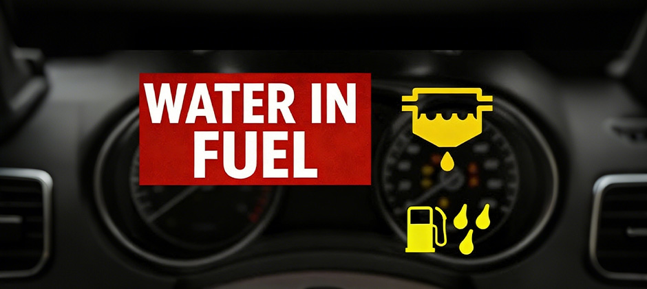 Close-up of a machinery dashboard with the yellow 'water in fuel' warning light illuminated, signaling an urgent need to drain the fuel-water separator.