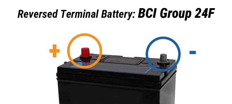 A reversed terminal BCI Group 24F battery with the positive terminal circled in orange on the left and the negative terminal circled in blue on the right.
