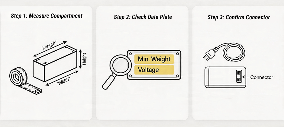 An infographic showing the three essential steps to find the right forklift battery: Step 1 is measuring the battery compartment's length, width, and height. Step 2 is checking the forklift's data plate for minimum weight and voltage requirements. Step 3 is confirming the battery's connector type and location.
