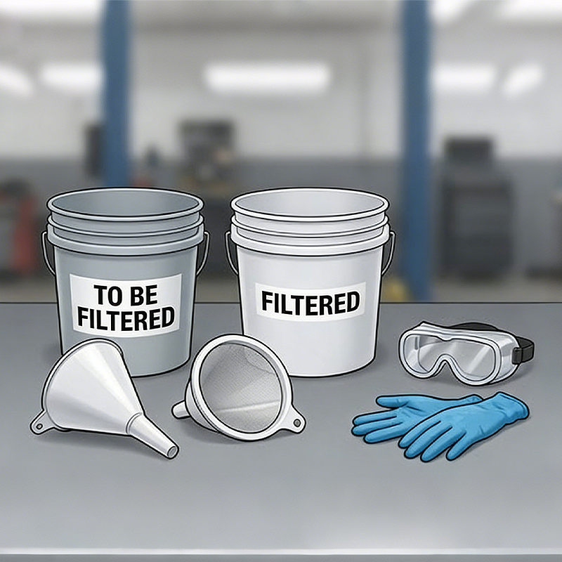 An illustration of the supplies needed for filtering coolant: two buckets, funnels, a filter, safety glasses, and gloves.
