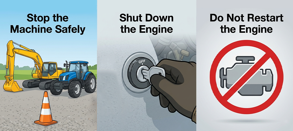 Three illustrations showing the immediate steps for an oil pressure warning: stop the machine, shut down the engine, and do not restart it.