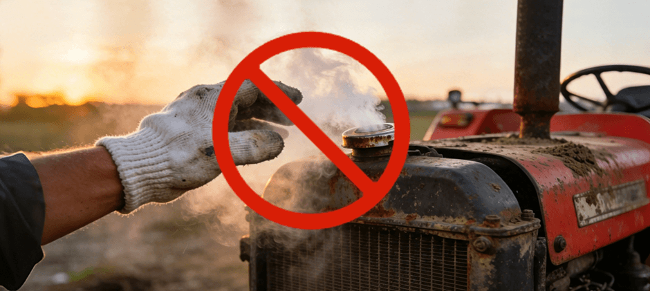 A safety warning image showing a red 'do not' symbol over a hand reaching for the steaming radiator cap of an overheated tractor, illustrating the danger of opening a hot cooling system.