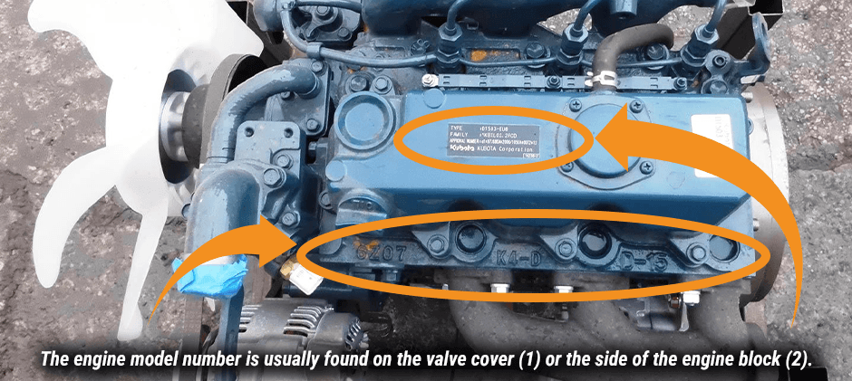 A close-up photo of a Kubota engine with orange arrows pointing to the two common locations for the engine model number: the metal tag on the valve cover and the stamped number on the side of the engine block.
