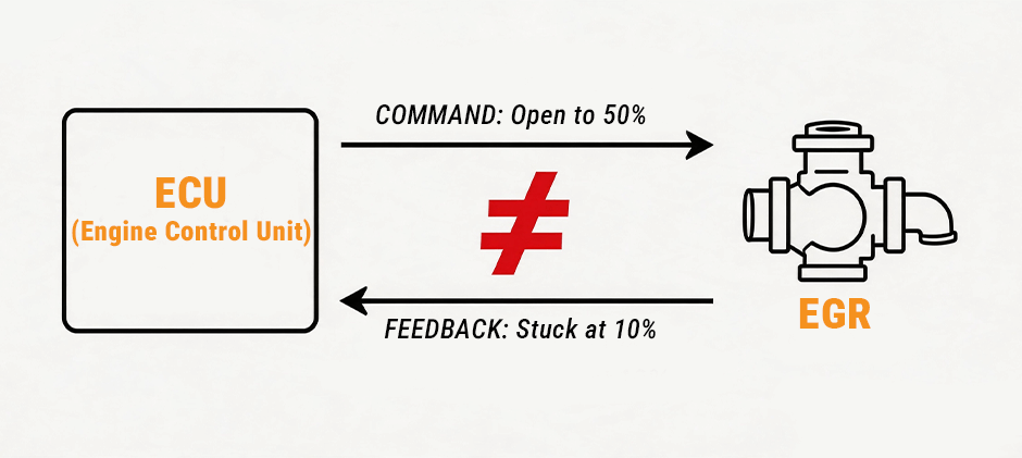 Diagram showing the ECU commanding the EGR valve to open to 50%, but the feedback signal shows it is stuck at 10%, illustrating the mismatch that causes a P0404 code.