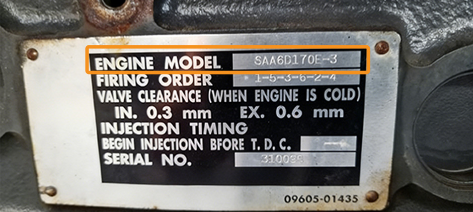 A photo of a metal engine nameplate, with the 'ENGINE MODEL' number highlighted to show where to find this crucial information for ordering parts.