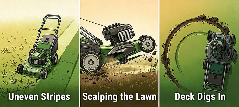 An illustration showing the three signs of an unlevel mower deck: creating uneven stripes in the grass, scalping the lawn down to the dirt, and the deck digging into the ground during turns.