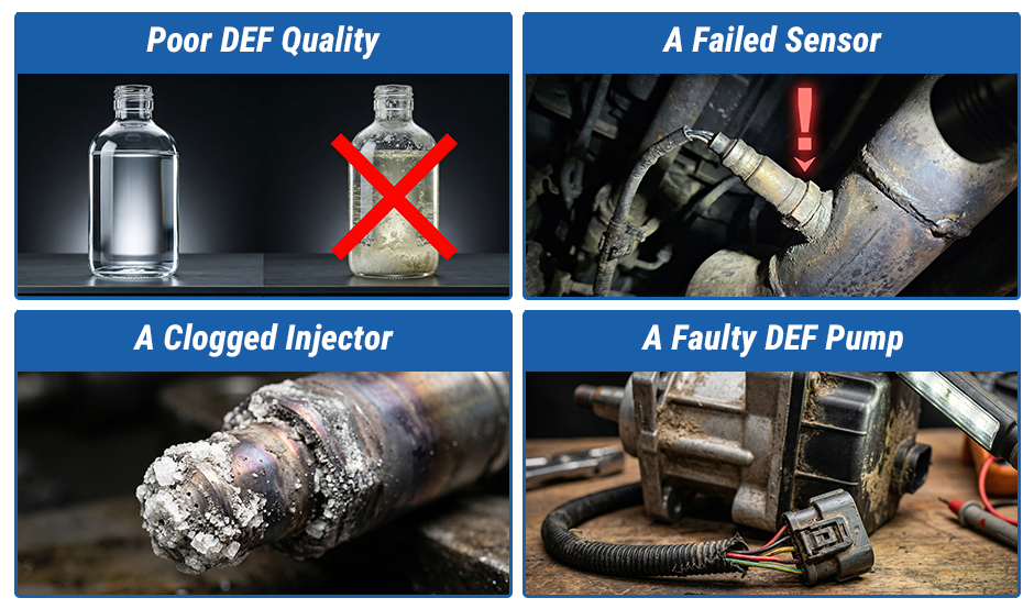 A collage showing four common SCR system failures: poor DEF quality, a failed sensor, a clogged injector, and a faulty DEF pump.
