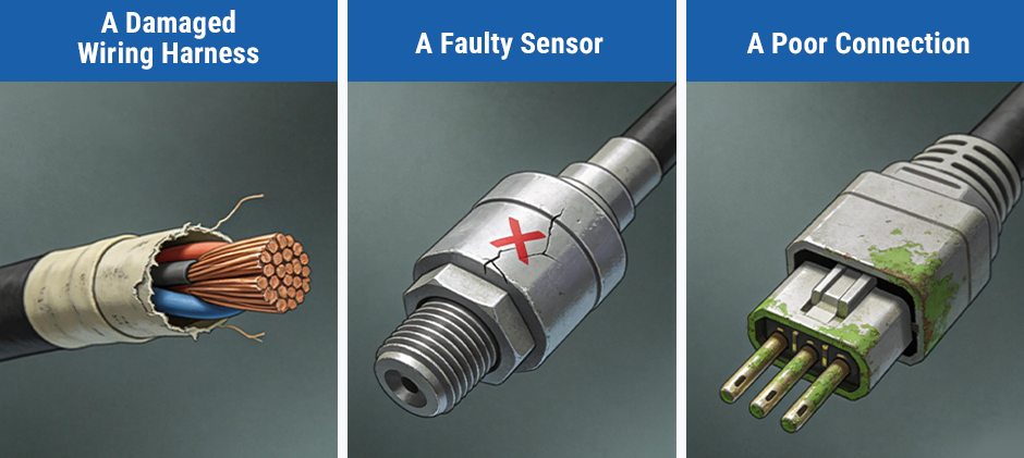 An illustration showing the three common causes of SPN 1548 FMI 5: a damaged wiring harness with broken wires, a cracked and faulty sensor, and a corroded electrical connector.