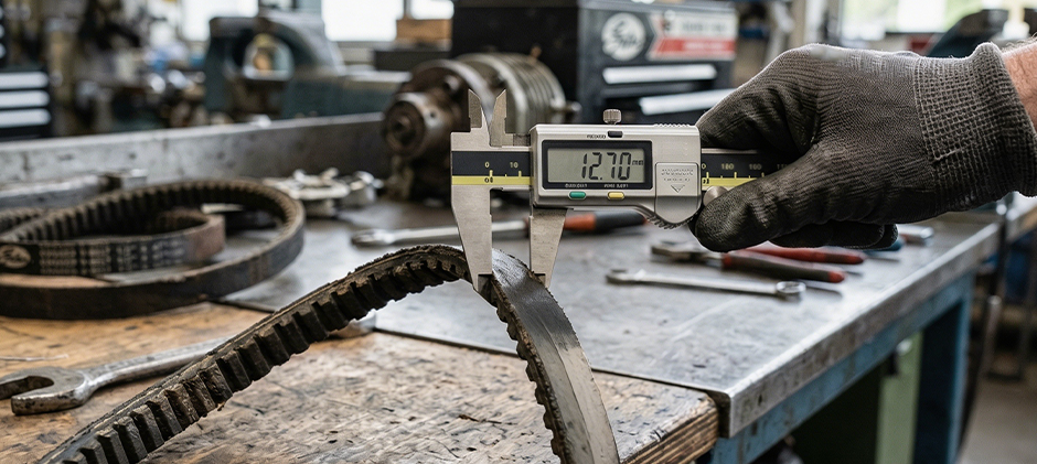A long V-belt is laid flat on a wooden workbench next to a yellow tape measure to determine its overall length.