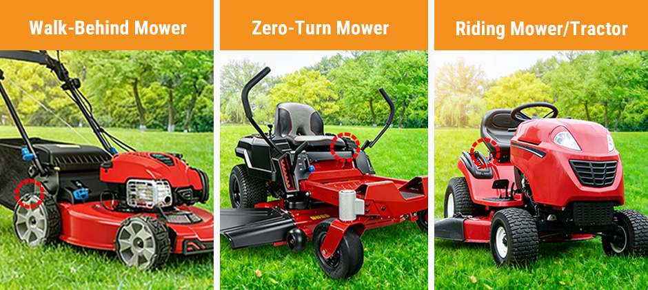 A diagram showing the common locations to find the serial number tag on a walk-behind mower, a zero-turn mower, and a riding tractor.