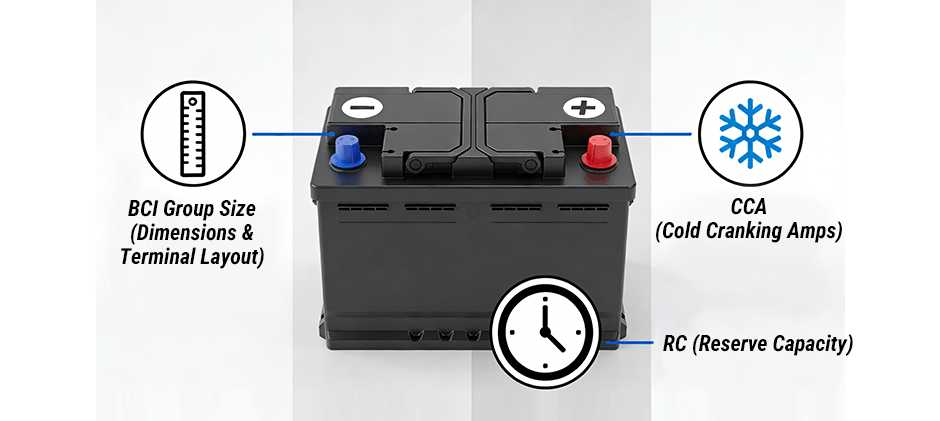 An infographic showing a battery with icons that point out its three key specifications: BCI Group Size for dimensions, CCA for cold starting power, and RC for reserve capacity.