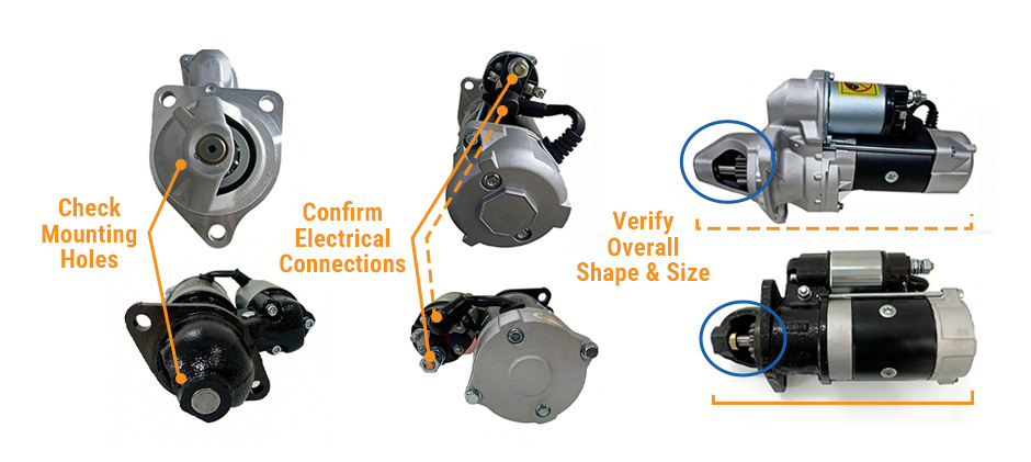 A visual guide showing how to compare a new starter motor to an old one by checking the mounting holes, electrical connections, and overall size.