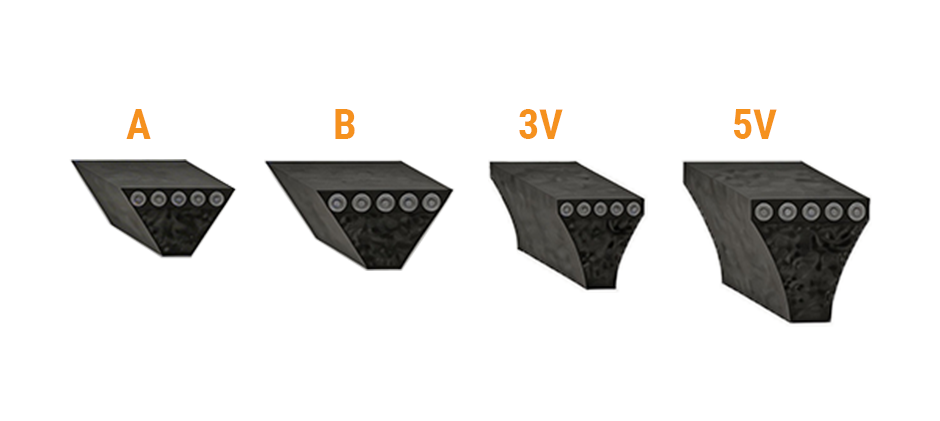 A comparison of four different V-belt cross-sections, showing the distinct profiles of A, B, 3V, and 5V belts side-by-side.