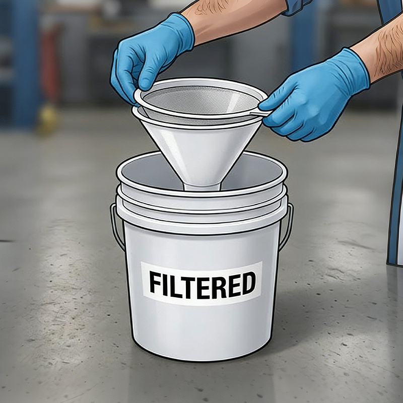 An illustration showing a person placing a mesh filter into a funnel over a clean bucket labeled "FILTERED."