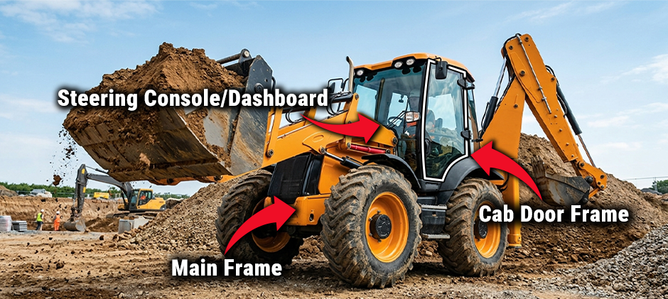 A diagram showing the three most common locations to find the serial number plate on a Case backhoe: the steering console, the cab door frame, and the main frame.