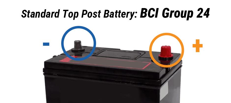 A standard top-post BCI Group 24 battery with the negative terminal circled in blue on the left and the positive terminal circled in orange on the right.