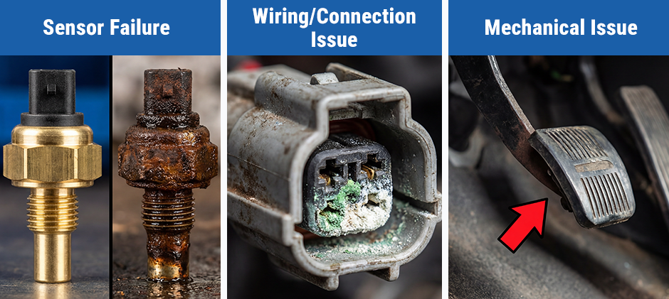 An image illustrating the three main causes for fault code SPN 1067 FMI 7: a failed sensor, a corroded wiring connector, and a mechanical brake pedal issue.