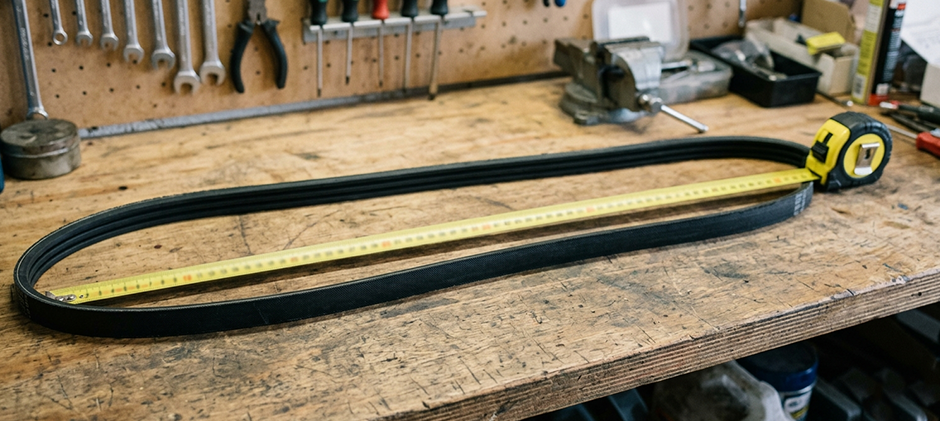 A mechanic's hand in a glove using a digital caliper to precisely measure the top width of a cogged V-belt on a workbench. The caliper reads 12.70 mm.