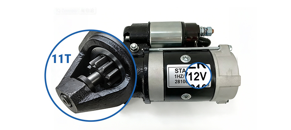 A close-up of a starter motor highlighting its two most important specifications: the 11-tooth (11T) pinion gear and the 12-volt (12V) power rating.
