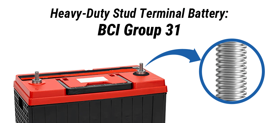 A heavy-duty BCI Group 31 battery with threaded stud terminals, commonly used in large agricultural and construction machinery.