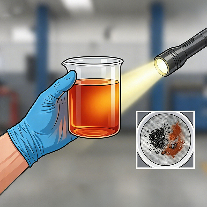 An illustration of a hand holding a beaker of filtered coolant up to a flashlight to check its clarity, with a close-up of the debris caught in the filter.