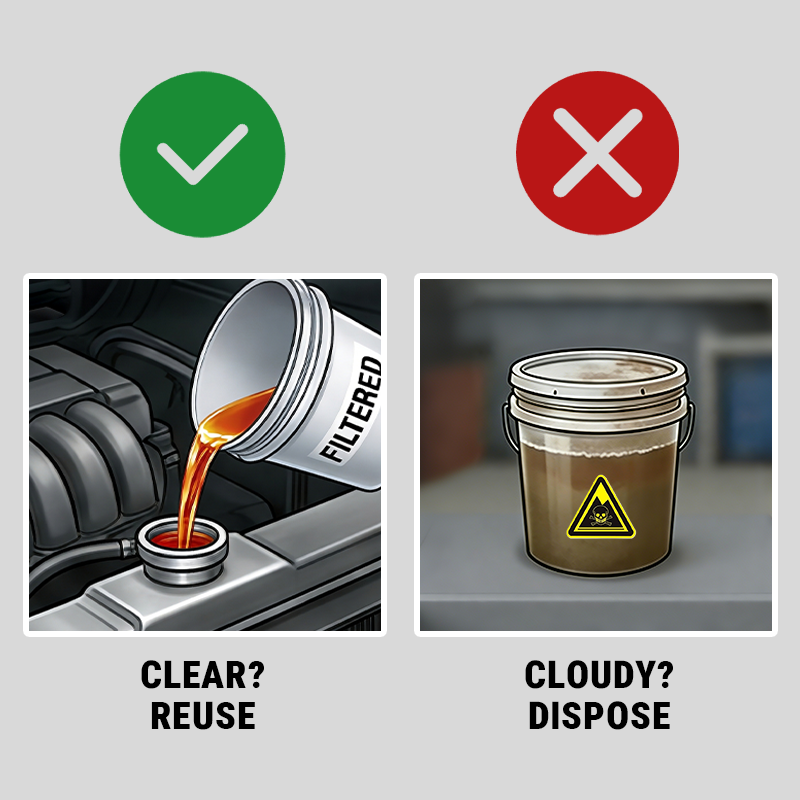 A comparison image showing clear coolant is okay to reuse (green checkmark), while cloudy coolant must be disposed of (red X).