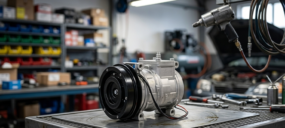 A complete A/C compressor and clutch assembly sits on a mechanic's workbench, ready for inspection and diagnosis.