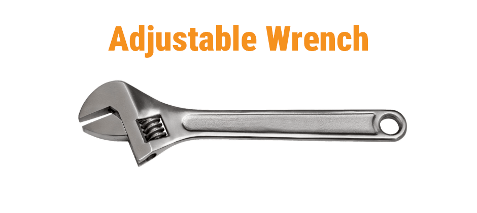 A metal adjustable wrench with an adjustable jaw and a knurled screw mechanism for tightening and loosening bolts.