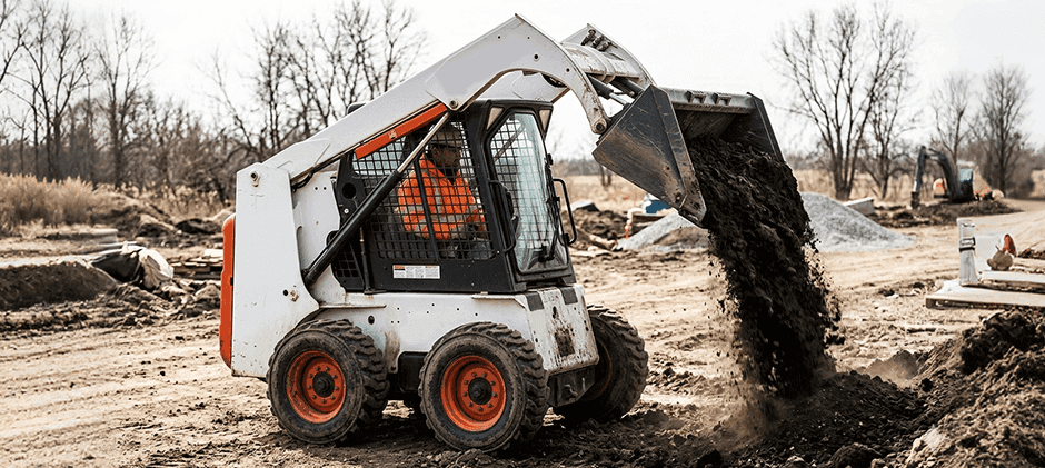 A Bobcat 863 skid steer loader in action, dumping a full bucket of soil on a construction site.