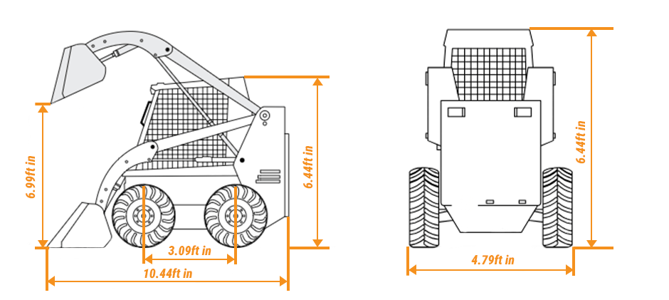 A technical line drawing showing the key dimensions of the Case 1840 skid steer, including length, width, and height.