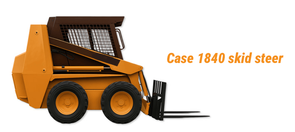 An illustration of a Case 1840 skid steer equipped with a pallet fork attachment, showing its versatility.