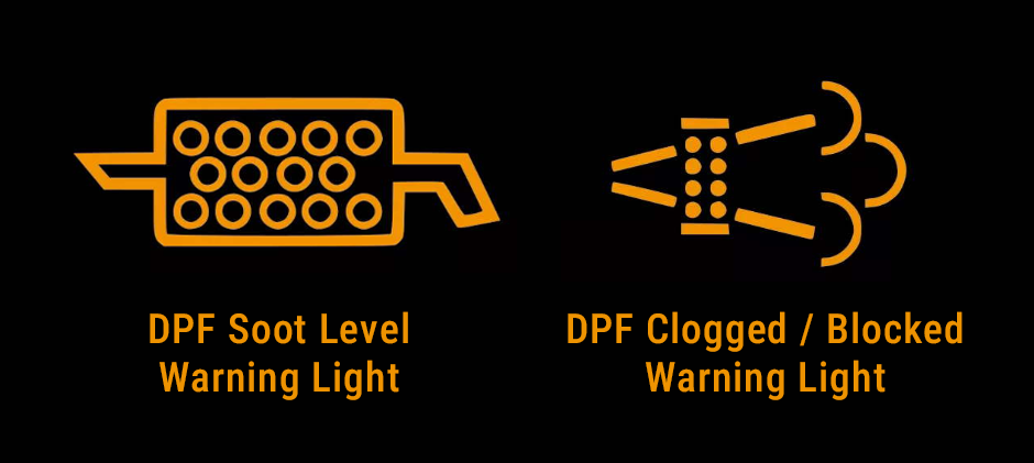 An illustration comparing the two main DPF warning lights: the 'Soot Level Warning' and the more critical 'Clogged / Blocked Warning' light.
