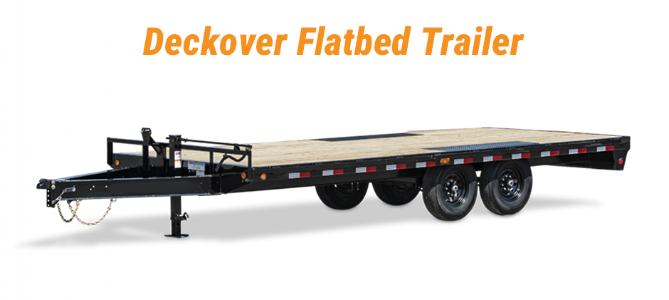 A deckover flatbed trailer with a wooden deck that sits completely above the wheels, providing maximum width.