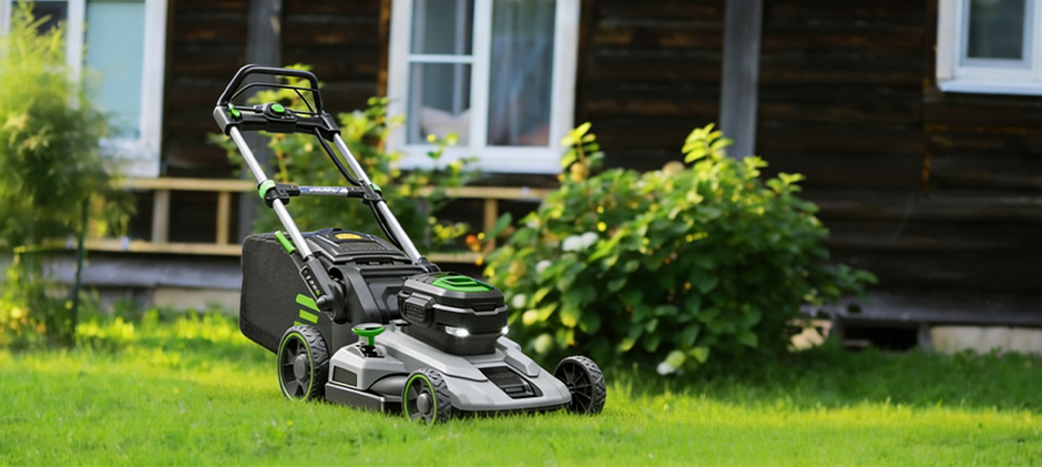 A modern grey and green battery-powered electric lawn mower on a lawn with a house in the background.
