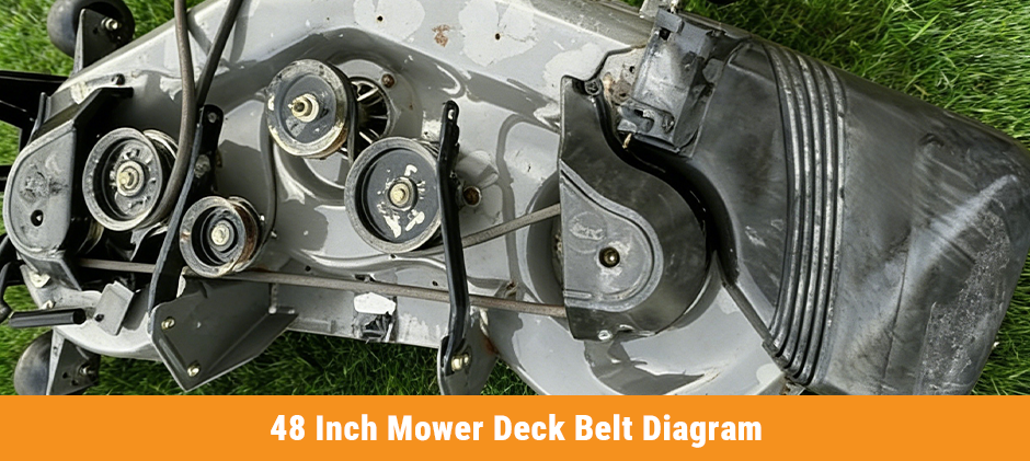 A real-world photo of the belt routing on a gray 48-inch three-blade Craftsman mower deck.